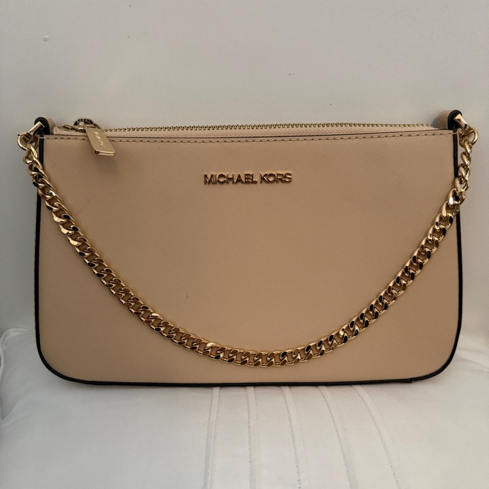 MICHAEL KORS Beige Saffiano Leather Crossbody Bag with Gold Chain